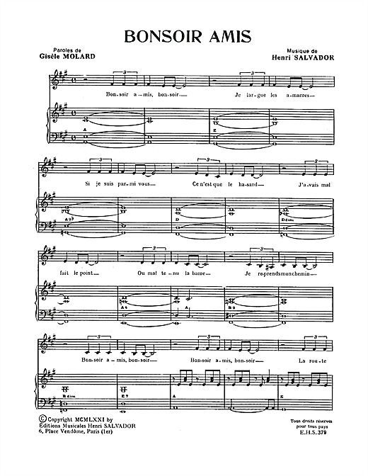 Preview Henri Salvador Bonsoir Amis Pop sheet music, notes and chords for Piano & Vocal, SKU: 114959 sheet music, piano notes, chords, guitar tabs, score, transpose, transcribe, how to play, guide, download, learn, tutorial, progression, song, artist, awards, billboard, mtv, vh1, tour, single, album, release