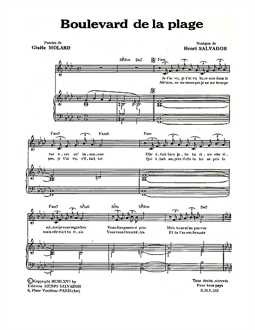 Preview Henri Salvador Boulevard De La Plage Pop sheet music, notes and chords for Piano & Vocal, SKU: 114916 sheet music, piano notes, chords, guitar tabs, score, transpose, transcribe, how to play, guide, download, learn, tutorial, progression, song, artist, awards, billboard, mtv, vh1, tour, single, album, release