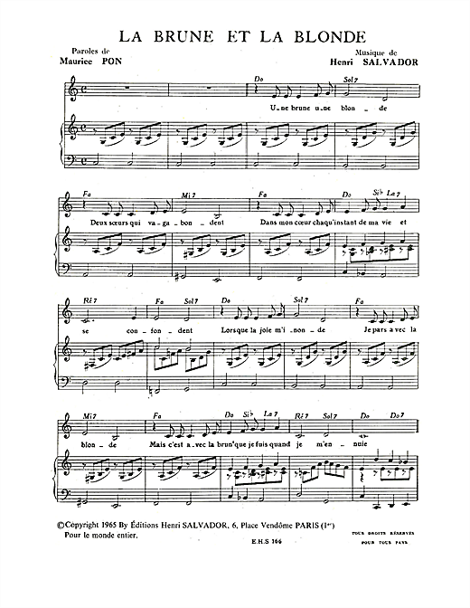 Preview Henri Salvador Brune Et La Blonde Pop sheet music, notes and chords for Piano & Vocal, SKU: 115105 sheet music, piano notes, chords, guitar tabs, score, transpose, transcribe, how to play, guide, download, learn, tutorial, progression, song, artist, awards, billboard, mtv, vh1, tour, single, album, release