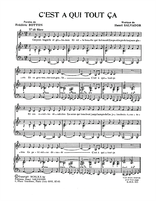 Preview Henri Salvador C'est A Qui Tout Ca Pop sheet music, notes and chords for Piano & Vocal, SKU: 114921 sheet music, piano notes, chords, guitar tabs, score, transpose, transcribe, how to play, guide, download, learn, tutorial, progression, song, artist, awards, billboard, mtv, vh1, tour, single, album, release