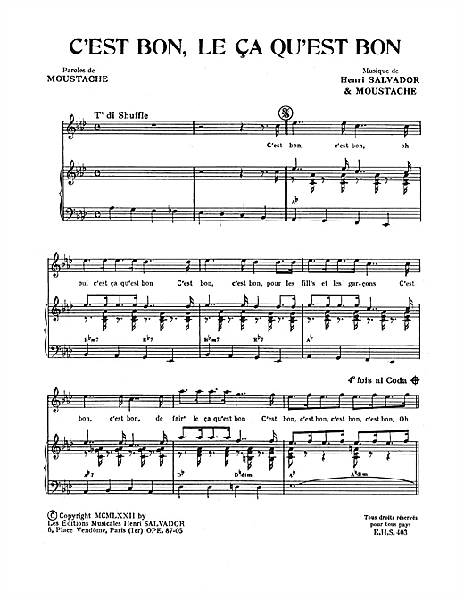 Preview Henri Salvador C'est Bon, Le Ca Qu'est Bon Pop sheet music, notes and chords for Piano & Vocal, SKU: 114922 sheet music, piano notes, chords, guitar tabs, score, transpose, transcribe, how to play, guide, download, learn, tutorial, progression, song, artist, awards, billboard, mtv, vh1, tour, single, album, release