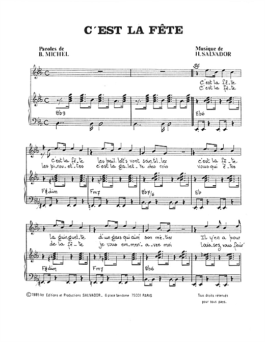 Preview Henri Salvador C'est La Fete Pop sheet music, notes and chords for Piano & Vocal, SKU: 114925 sheet music, piano notes, chords, guitar tabs, score, transpose, transcribe, how to play, guide, download, learn, tutorial, progression, song, artist, awards, billboard, mtv, vh1, tour, single, album, release
