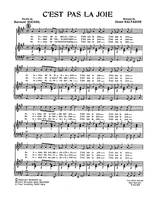 Preview Henri Salvador C'est Pas La Joie Pop sheet music, notes and chords for Piano & Vocal, SKU: 114930 sheet music, piano notes, chords, guitar tabs, score, transpose, transcribe, how to play, guide, download, learn, tutorial, progression, song, artist, awards, billboard, mtv, vh1, tour, single, album, release