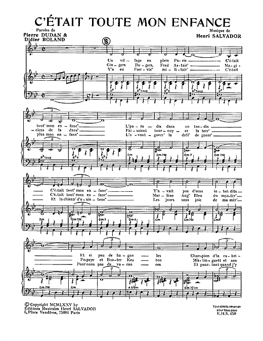 Preview Henri Salvador C'etait Toute Mon Enfance Pop sheet music, notes and chords for Piano & Vocal, SKU: 114933 sheet music, piano notes, chords, guitar tabs, score, transpose, transcribe, how to play, guide, download, learn, tutorial, progression, song, artist, awards, billboard, mtv, vh1, tour, single, album, release