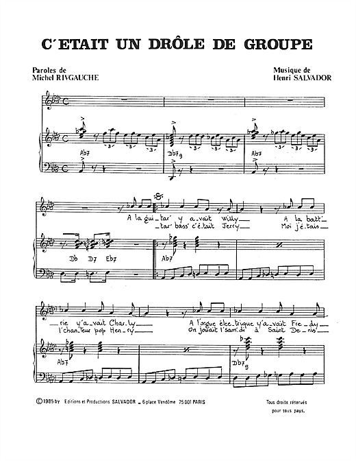 Preview Henri Salvador C'etait Un Drole De Groupe Pop sheet music, notes and chords for Piano & Vocal, SKU: 114964 sheet music, piano notes, chords, guitar tabs, score, transpose, transcribe, how to play, guide, download, learn, tutorial, progression, song, artist, awards, billboard, mtv, vh1, tour, single, album, release