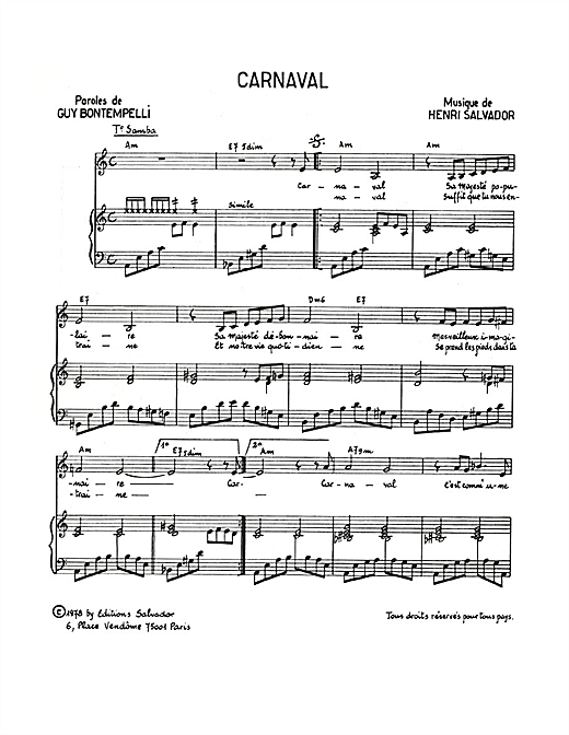 Preview Henri Salvador Carnaval Pop sheet music, notes and chords for Piano & Vocal, SKU: 114918 sheet music, piano notes, chords, guitar tabs, score, transpose, transcribe, how to play, guide, download, learn, tutorial, progression, song, artist, awards, billboard, mtv, vh1, tour, single, album, release