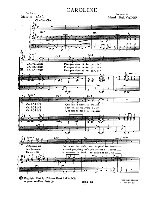 Preview Henri Salvador Caroline Pop sheet music, notes and chords for Piano & Vocal, SKU: 114919 sheet music, piano notes, chords, guitar tabs, score, transpose, transcribe, how to play, guide, download, learn, tutorial, progression, song, artist, awards, billboard, mtv, vh1, tour, single, album, release