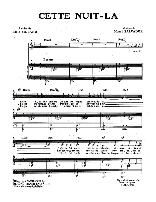Preview Henri Salvador Cette Nuit La Pop sheet music, notes and chords for Piano & Vocal, SKU: 114935 sheet music, piano notes, chords, guitar tabs, score, transpose, transcribe, how to play, guide, download, learn, tutorial, progression, song, artist, awards, billboard, mtv, vh1, tour, single, album, release