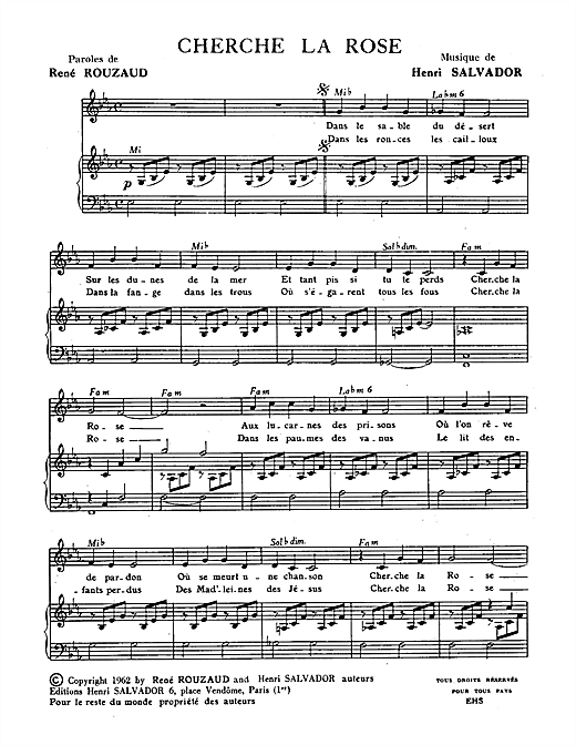 Preview Henri Salvador Cherche La Rose Pop sheet music, notes and chords for Piano & Vocal, SKU: 114937 sheet music, piano notes, chords, guitar tabs, score, transpose, transcribe, how to play, guide, download, learn, tutorial, progression, song, artist, awards, billboard, mtv, vh1, tour, single, album, release