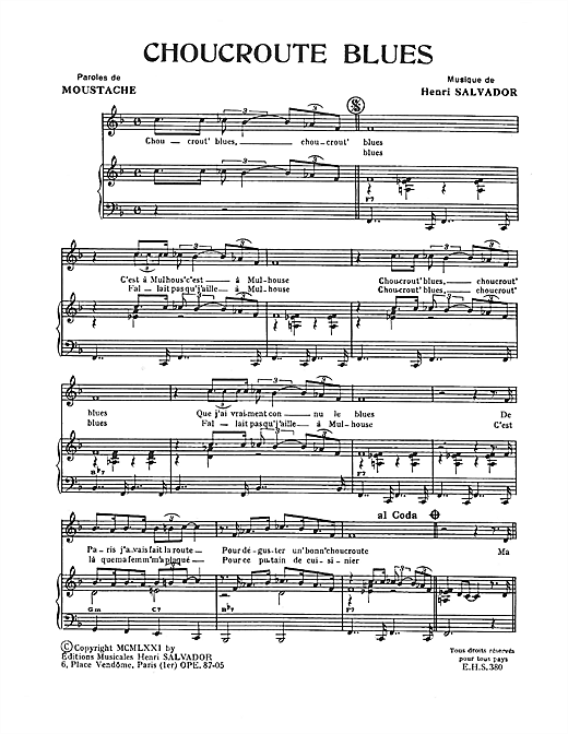 Preview Henri Salvador Choucroute Blues Jazz sheet music, notes and chords for Piano & Vocal, SKU: 114938 sheet music, piano notes, chords, guitar tabs, score, transpose, transcribe, how to play, guide, download, learn, tutorial, progression, song, artist, awards, billboard, mtv, vh1, tour, single, album, release