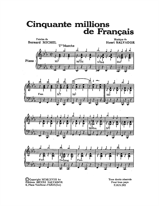 Preview Henri Salvador Cinquante Millions De Francais Pop sheet music, notes and chords for Piano & Vocal, SKU: 114939 sheet music, piano notes, chords, guitar tabs, score, transpose, transcribe, how to play, guide, download, learn, tutorial, progression, song, artist, awards, billboard, mtv, vh1, tour, single, album, release