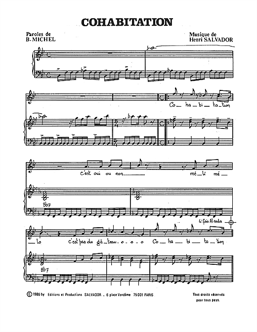 Preview Henri Salvador Cohabitation Pop sheet music, notes and chords for Piano & Vocal, SKU: 114967 sheet music, piano notes, chords, guitar tabs, score, transpose, transcribe, how to play, guide, download, learn, tutorial, progression, song, artist, awards, billboard, mtv, vh1, tour, single, album, release