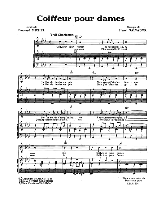 Preview Henri Salvador Coiffeur Pour Dames Pop sheet music, notes and chords for Piano & Vocal, SKU: 114968 sheet music, piano notes, chords, guitar tabs, score, transpose, transcribe, how to play, guide, download, learn, tutorial, progression, song, artist, awards, billboard, mtv, vh1, tour, single, album, release