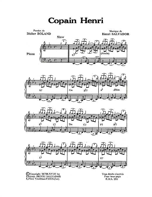 Preview Henri Salvador Copain Henry Pop sheet music, notes and chords for Piano & Vocal, SKU: 114971 sheet music, piano notes, chords, guitar tabs, score, transpose, transcribe, how to play, guide, download, learn, tutorial, progression, song, artist, awards, billboard, mtv, vh1, tour, single, album, release