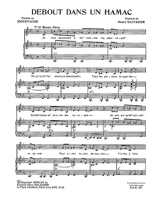 Preview Henri Salvador Debout Dans Un Hamac Pop sheet music, notes and chords for Piano & Vocal, SKU: 114976 sheet music, piano notes, chords, guitar tabs, score, transpose, transcribe, how to play, guide, download, learn, tutorial, progression, song, artist, awards, billboard, mtv, vh1, tour, single, album, release