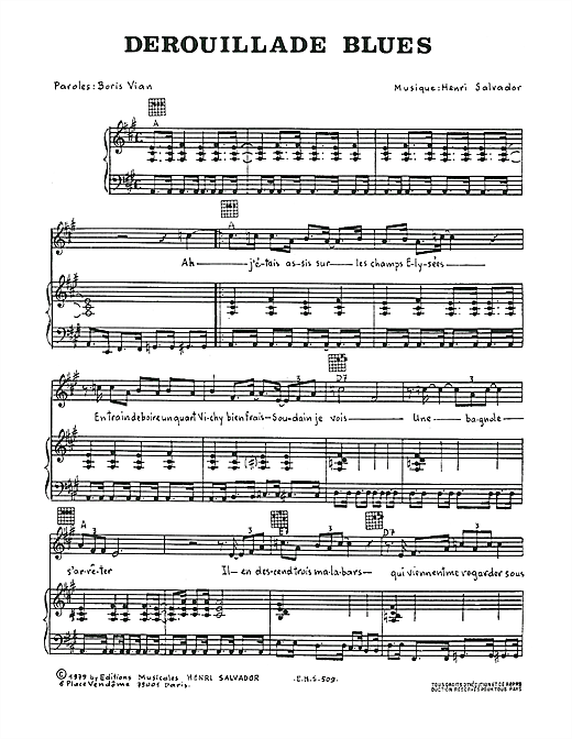 Preview Henri Salvador Derouillade Blues Pop sheet music, notes and chords for Piano, Vocal & Guitar, SKU: 114805 sheet music, piano notes, chords, guitar tabs, score, transpose, transcribe, how to play, guide, download, learn, tutorial, progression, song, artist, awards, billboard, mtv, vh1, tour, single, album, release