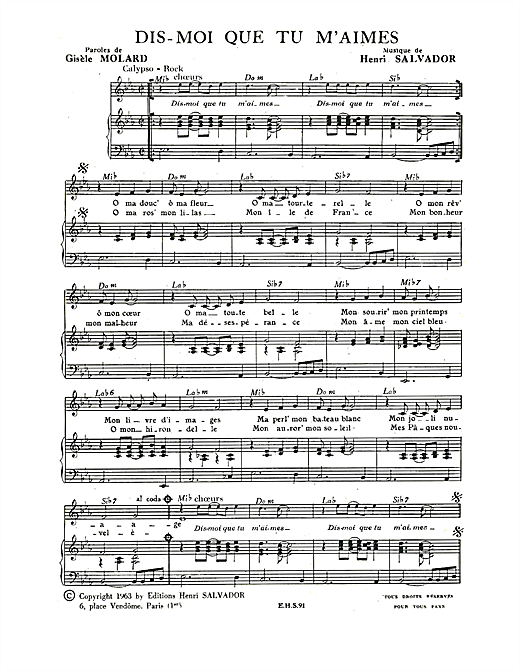 Preview Henri Salvador Dis Moi Que Tu M'aimes Pop sheet music, notes and chords for Piano & Vocal, SKU: 115000 sheet music, piano notes, chords, guitar tabs, score, transpose, transcribe, how to play, guide, download, learn, tutorial, progression, song, artist, awards, billboard, mtv, vh1, tour, single, album, release