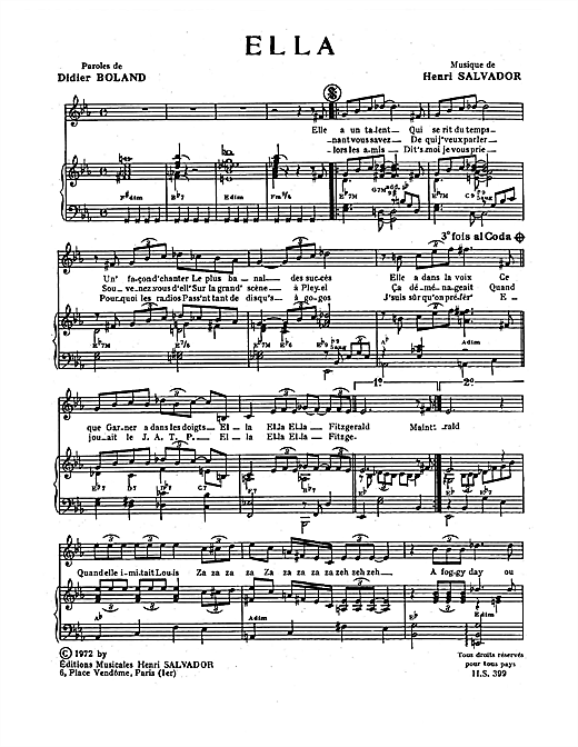 Preview Henri Salvador Ella Pop sheet music, notes and chords for Piano & Vocal, SKU: 115006 sheet music, piano notes, chords, guitar tabs, score, transpose, transcribe, how to play, guide, download, learn, tutorial, progression, song, artist, awards, billboard, mtv, vh1, tour, single, album, release