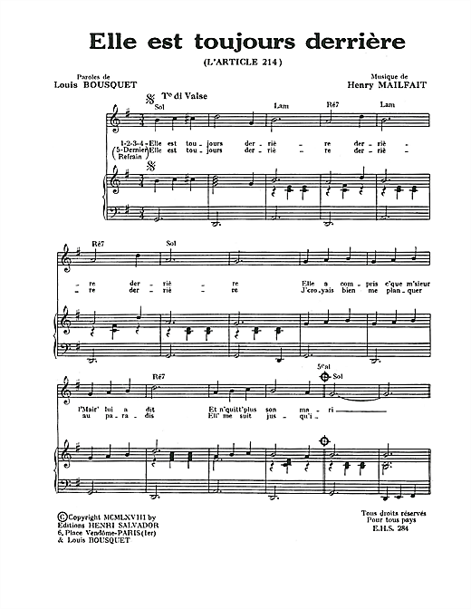 Preview Henri Salvador Elle Est Toujours Derriere (Article 214) Pop sheet music, notes and chords for Piano & Vocal, SKU: 115007 sheet music, piano notes, chords, guitar tabs, score, transpose, transcribe, how to play, guide, download, learn, tutorial, progression, song, artist, awards, billboard, mtv, vh1, tour, single, album, release