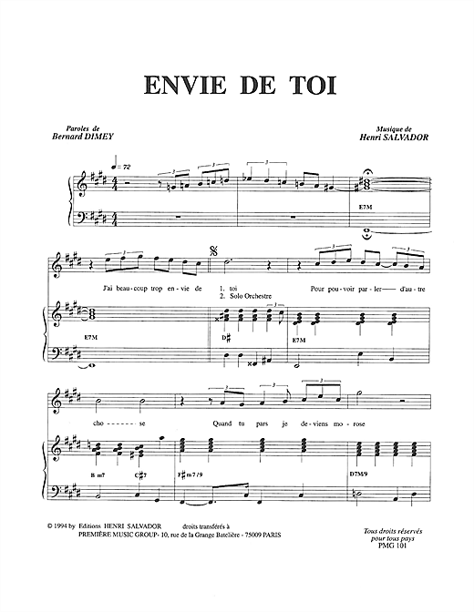 Preview Henri Salvador Envie De Toi Pop sheet music, notes and chords for Piano & Vocal, SKU: 115021 sheet music, piano notes, chords, guitar tabs, score, transpose, transcribe, how to play, guide, download, learn, tutorial, progression, song, artist, awards, billboard, mtv, vh1, tour, single, album, release