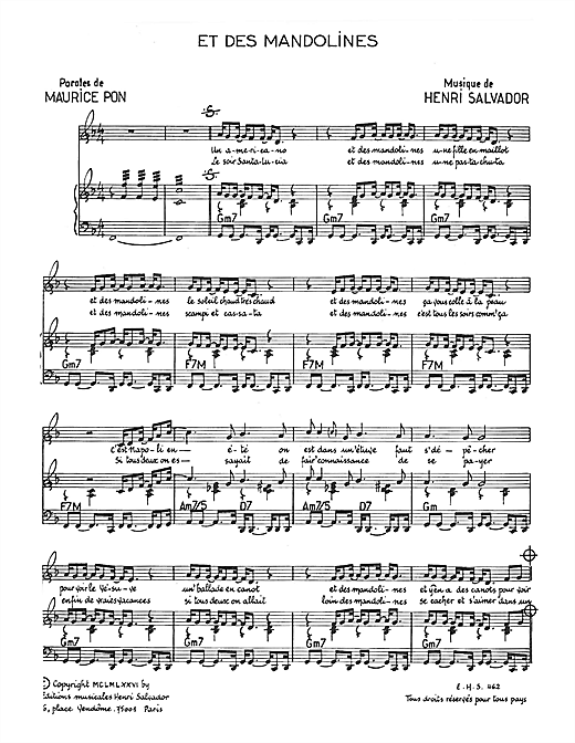 Preview Henri Salvador Et Des Mandolines Pop sheet music, notes and chords for Piano & Vocal, SKU: 115023 sheet music, piano notes, chords, guitar tabs, score, transpose, transcribe, how to play, guide, download, learn, tutorial, progression, song, artist, awards, billboard, mtv, vh1, tour, single, album, release
