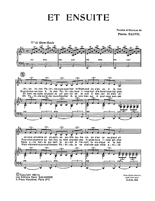 Preview Henri Salvador Et Ensuite Pop sheet music, notes and chords for Piano & Vocal, SKU: 115024 sheet music, piano notes, chords, guitar tabs, score, transpose, transcribe, how to play, guide, download, learn, tutorial, progression, song, artist, awards, billboard, mtv, vh1, tour, single, album, release