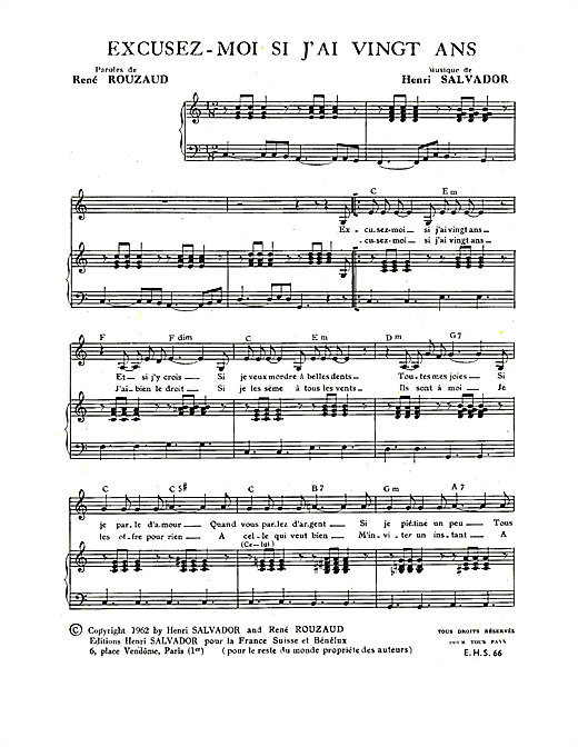 Preview Henri Salvador Excusez Moi Si J'ai Vingt Ans Pop sheet music, notes and chords for Piano & Vocal, SKU: 115026 sheet music, piano notes, chords, guitar tabs, score, transpose, transcribe, how to play, guide, download, learn, tutorial, progression, song, artist, awards, billboard, mtv, vh1, tour, single, album, release