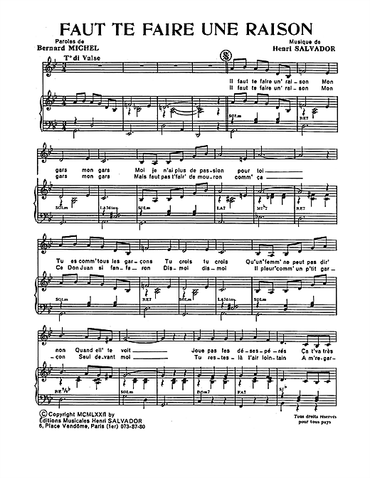 Preview Henri Salvador Faut Te Faire Une Raison Pop sheet music, notes and chords for Piano & Vocal, SKU: 115028 sheet music, piano notes, chords, guitar tabs, score, transpose, transcribe, how to play, guide, download, learn, tutorial, progression, song, artist, awards, billboard, mtv, vh1, tour, single, album, release