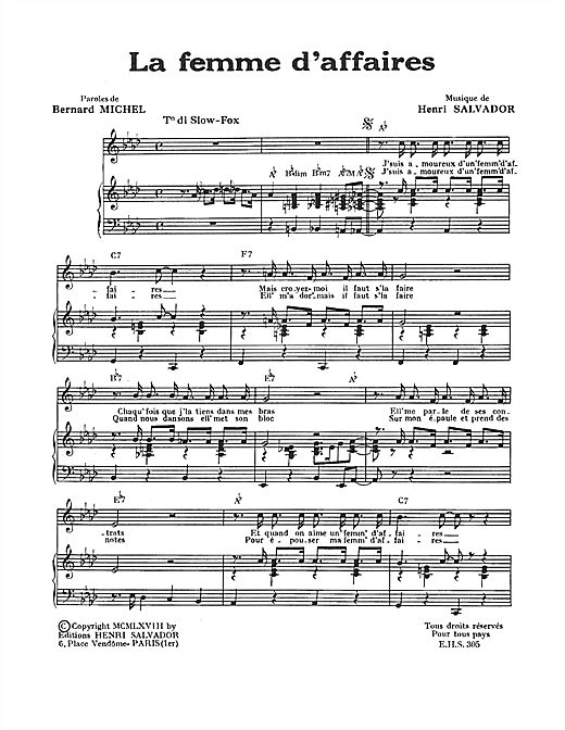 Preview Henri Salvador Femme D'affaires Pop sheet music, notes and chords for Piano & Vocal, SKU: 115109 sheet music, piano notes, chords, guitar tabs, score, transpose, transcribe, how to play, guide, download, learn, tutorial, progression, song, artist, awards, billboard, mtv, vh1, tour, single, album, release