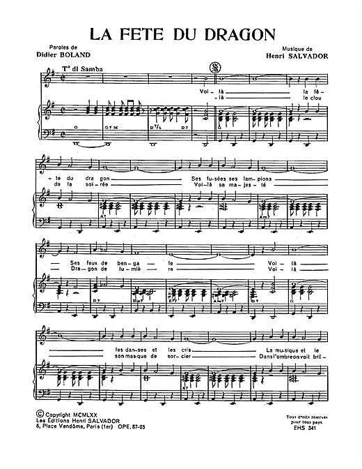 Preview Henri Salvador Fete Du Dragon Pop sheet music, notes and chords for Piano & Vocal, SKU: 115110 sheet music, piano notes, chords, guitar tabs, score, transpose, transcribe, how to play, guide, download, learn, tutorial, progression, song, artist, awards, billboard, mtv, vh1, tour, single, album, release