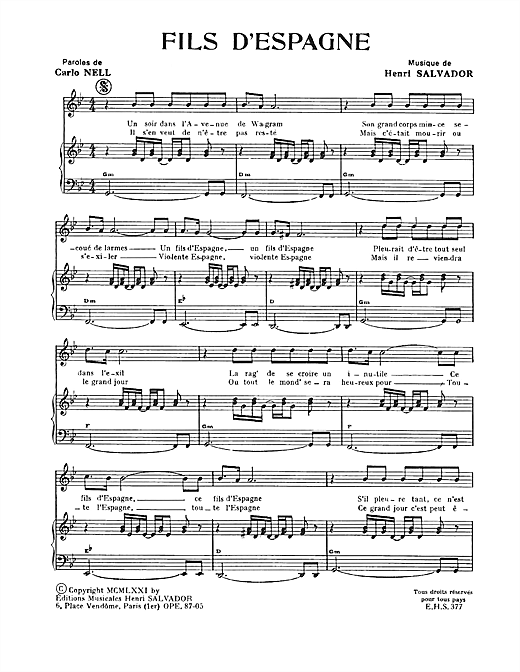 Preview Henri Salvador Fils D'espagne Pop sheet music, notes and chords for Piano & Vocal, SKU: 115029 sheet music, piano notes, chords, guitar tabs, score, transpose, transcribe, how to play, guide, download, learn, tutorial, progression, song, artist, awards, billboard, mtv, vh1, tour, single, album, release