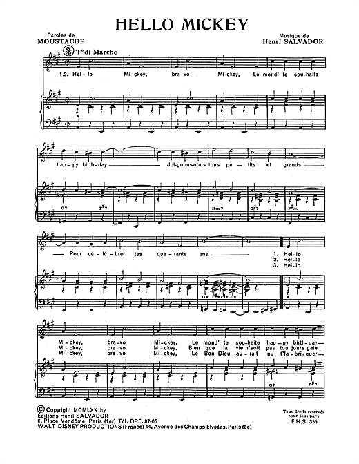 Preview Henri Salvador Hello Mickey Pop sheet music, notes and chords for Piano & Vocal, SKU: 115048 sheet music, piano notes, chords, guitar tabs, score, transpose, transcribe, how to play, guide, download, learn, tutorial, progression, song, artist, awards, billboard, mtv, vh1, tour, single, album, release