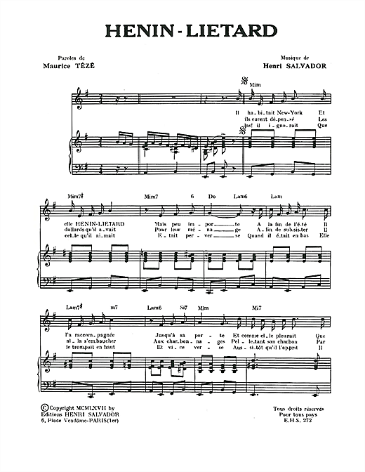 Preview Henri Salvador Henin-Lietard Pop sheet music, notes and chords for Piano & Vocal, SKU: 115049 sheet music, piano notes, chords, guitar tabs, score, transpose, transcribe, how to play, guide, download, learn, tutorial, progression, song, artist, awards, billboard, mtv, vh1, tour, single, album, release