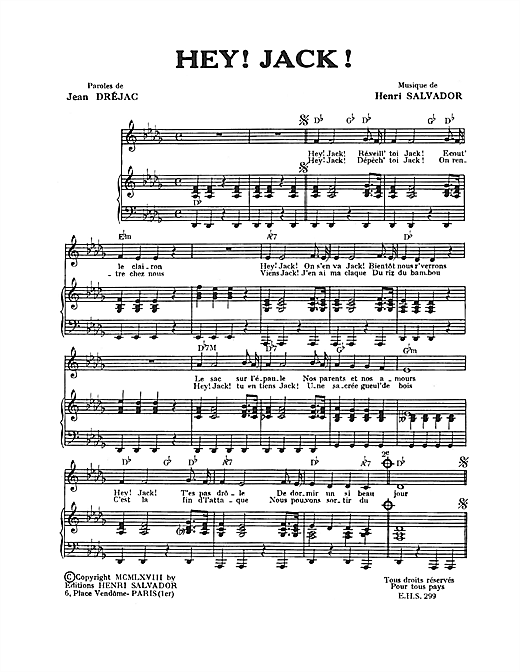 Preview Henri Salvador Hey! Jack! Pop sheet music, notes and chords for Piano & Vocal, SKU: 115050 sheet music, piano notes, chords, guitar tabs, score, transpose, transcribe, how to play, guide, download, learn, tutorial, progression, song, artist, awards, billboard, mtv, vh1, tour, single, album, release