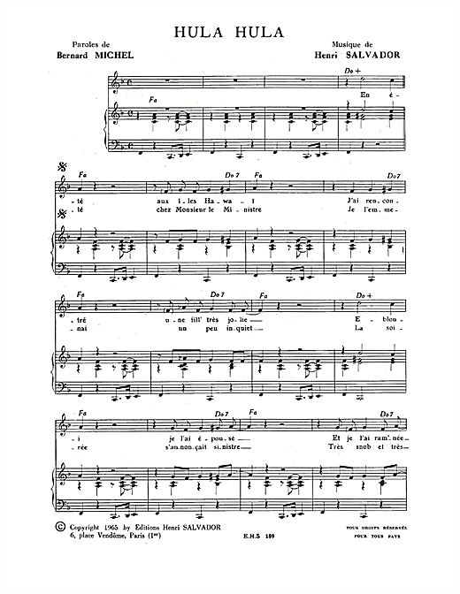 Preview Henri Salvador Hula Hula Pop sheet music, notes and chords for Piano & Vocal, SKU: 115051 sheet music, piano notes, chords, guitar tabs, score, transpose, transcribe, how to play, guide, download, learn, tutorial, progression, song, artist, awards, billboard, mtv, vh1, tour, single, album, release