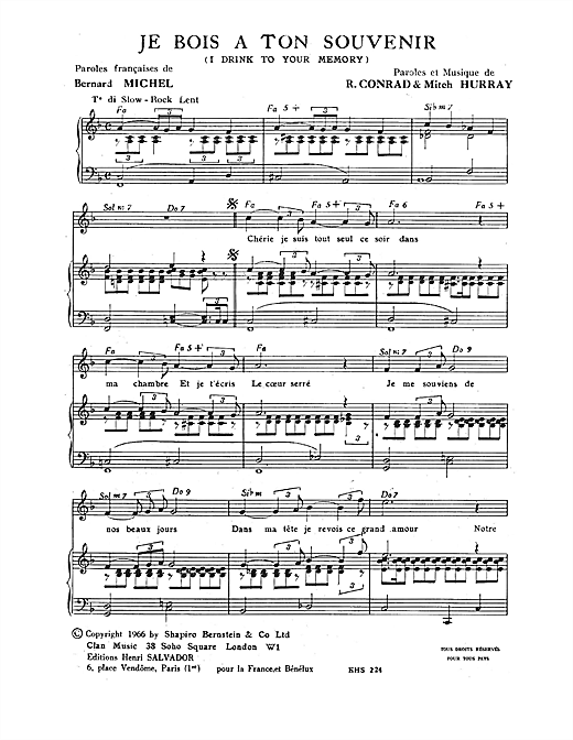 Preview Henri Salvador I Drink To Your Memory (Je Bois A Ton Souvenir) Pop sheet music, notes and chords for Piano & Vocal, SKU: 115104 sheet music, piano notes, chords, guitar tabs, score, transpose, transcribe, how to play, guide, download, learn, tutorial, progression, song, artist, awards, billboard, mtv, vh1, tour, single, album, release