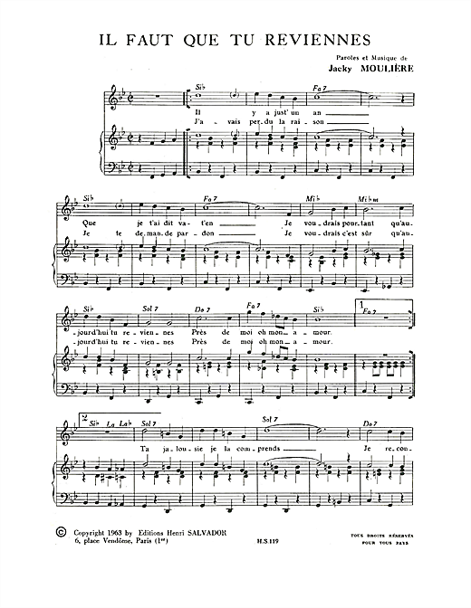 Preview Henri Salvador Il Faut Que Tu Reviennes Pop sheet music, notes and chords for Piano & Vocal, SKU: 115053 sheet music, piano notes, chords, guitar tabs, score, transpose, transcribe, how to play, guide, download, learn, tutorial, progression, song, artist, awards, billboard, mtv, vh1, tour, single, album, release