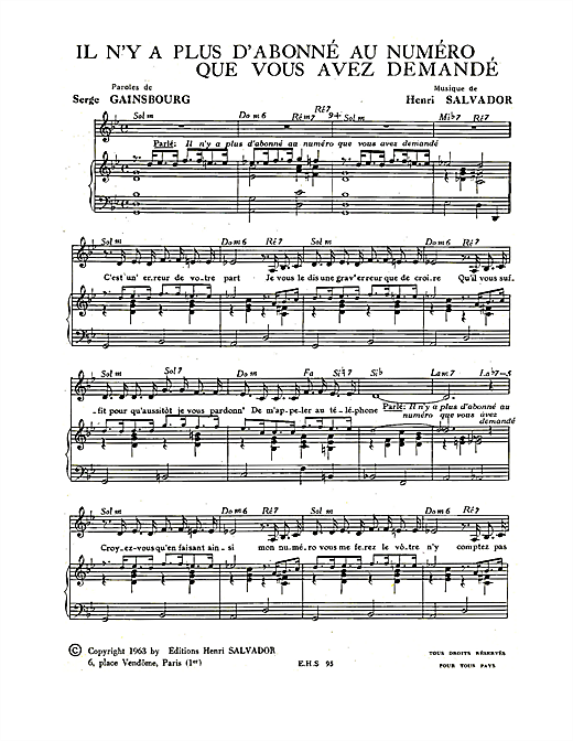 Preview Henri Salvador IL N'y A Plus D'abonne Au Numero Que Vous Avez Demande Pop sheet music, notes and chords for Piano & Vocal, SKU: 115056 sheet music, piano notes, chords, guitar tabs, score, transpose, transcribe, how to play, guide, download, learn, tutorial, progression, song, artist, awards, billboard, mtv, vh1, tour, single, album, release