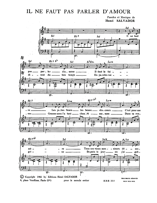 Preview Henri Salvador Il Ne Faut Pas Parler D'amour Pop sheet music, notes and chords for Piano & Vocal, SKU: 115054 sheet music, piano notes, chords, guitar tabs, score, transpose, transcribe, how to play, guide, download, learn, tutorial, progression, song, artist, awards, billboard, mtv, vh1, tour, single, album, release