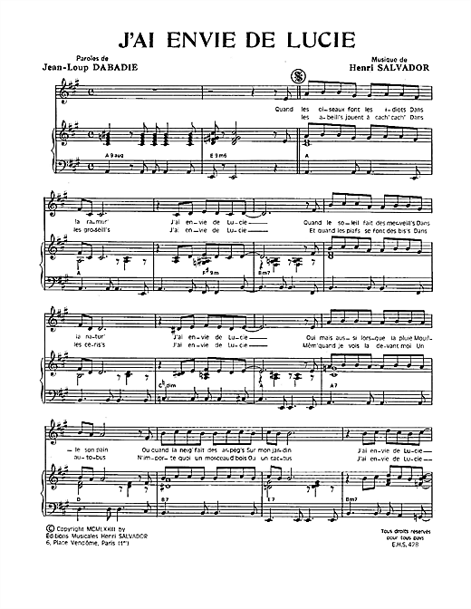 Preview Henri Salvador J'ai Envie De Lucie Pop sheet music, notes and chords for Piano & Vocal, SKU: 115057 sheet music, piano notes, chords, guitar tabs, score, transpose, transcribe, how to play, guide, download, learn, tutorial, progression, song, artist, awards, billboard, mtv, vh1, tour, single, album, release