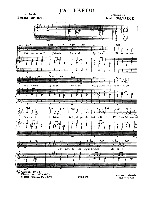 Preview Henri Salvador J'ai Perdu Pop sheet music, notes and chords for Piano & Vocal, SKU: 115058 sheet music, piano notes, chords, guitar tabs, score, transpose, transcribe, how to play, guide, download, learn, tutorial, progression, song, artist, awards, billboard, mtv, vh1, tour, single, album, release