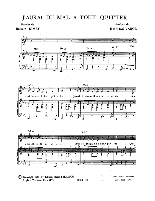 Preview Henri Salvador J'aurai Du Mal A Tout Quitter Pop sheet music, notes and chords for Piano & Vocal, SKU: 115077 sheet music, piano notes, chords, guitar tabs, score, transpose, transcribe, how to play, guide, download, learn, tutorial, progression, song, artist, awards, billboard, mtv, vh1, tour, single, album, release