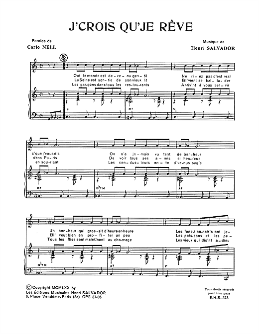 Preview Henri Salvador J'crois Que Je Reve Pop sheet music, notes and chords for Piano & Vocal, SKU: 115078 sheet music, piano notes, chords, guitar tabs, score, transpose, transcribe, how to play, guide, download, learn, tutorial, progression, song, artist, awards, billboard, mtv, vh1, tour, single, album, release