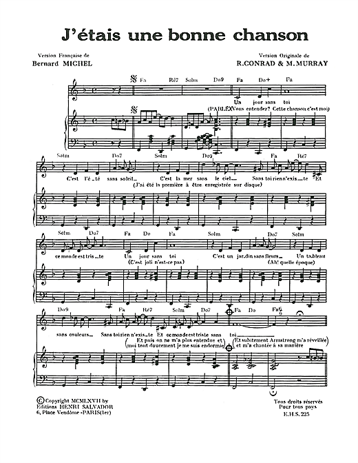 Preview Henri Salvador J'etais Une Bonne Chanson (I Was A Good Song) Pop sheet music, notes and chords for Piano & Vocal, SKU: 115095 sheet music, piano notes, chords, guitar tabs, score, transpose, transcribe, how to play, guide, download, learn, tutorial, progression, song, artist, awards, billboard, mtv, vh1, tour, single, album, release