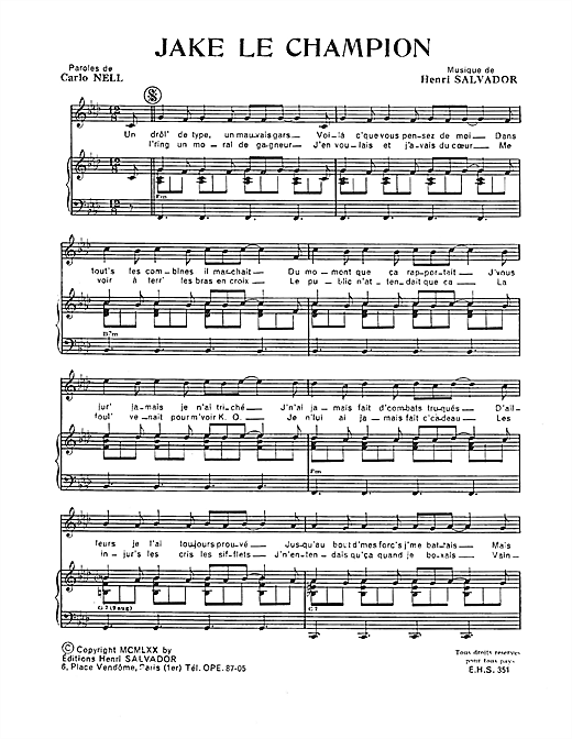 Preview Henri Salvador Jake Le Champion Pop sheet music, notes and chords for Piano & Vocal, SKU: 115075 sheet music, piano notes, chords, guitar tabs, score, transpose, transcribe, how to play, guide, download, learn, tutorial, progression, song, artist, awards, billboard, mtv, vh1, tour, single, album, release