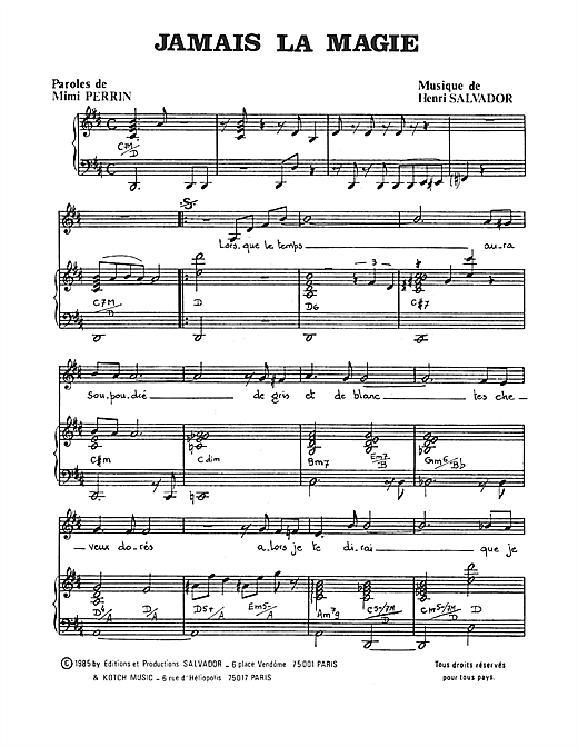 Preview Henri Salvador Jamais La Magie Pop sheet music, notes and chords for Piano & Vocal, SKU: 115076 sheet music, piano notes, chords, guitar tabs, score, transpose, transcribe, how to play, guide, download, learn, tutorial, progression, song, artist, awards, billboard, mtv, vh1, tour, single, album, release