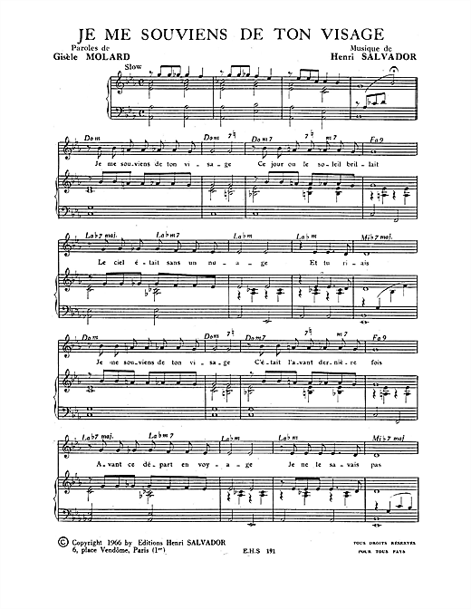 Preview Henri Salvador Je Me Souviens De Ton Visage Pop sheet music, notes and chords for Piano & Vocal, SKU: 115086 sheet music, piano notes, chords, guitar tabs, score, transpose, transcribe, how to play, guide, download, learn, tutorial, progression, song, artist, awards, billboard, mtv, vh1, tour, single, album, release