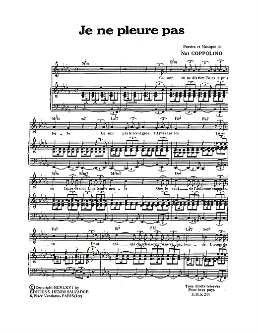 Preview Henri Salvador Je Ne Pleure Pas Pop sheet music, notes and chords for Piano & Vocal, SKU: 115084 sheet music, piano notes, chords, guitar tabs, score, transpose, transcribe, how to play, guide, download, learn, tutorial, progression, song, artist, awards, billboard, mtv, vh1, tour, single, album, release