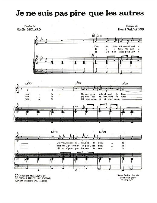 Preview Henri Salvador Je Ne Suis Pas Pire Que Les Autres Pop sheet music, notes and chords for Piano & Vocal, SKU: 115090 sheet music, piano notes, chords, guitar tabs, score, transpose, transcribe, how to play, guide, download, learn, tutorial, progression, song, artist, awards, billboard, mtv, vh1, tour, single, album, release