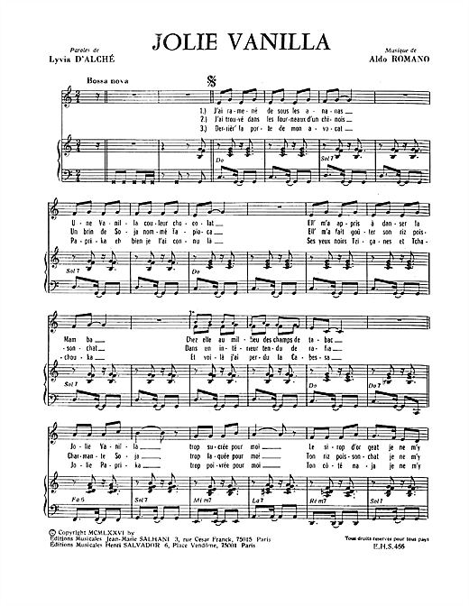 Preview Henri Salvador Jolies Vanilla Pop sheet music, notes and chords for Piano & Vocal, SKU: 115096 sheet music, piano notes, chords, guitar tabs, score, transpose, transcribe, how to play, guide, download, learn, tutorial, progression, song, artist, awards, billboard, mtv, vh1, tour, single, album, release